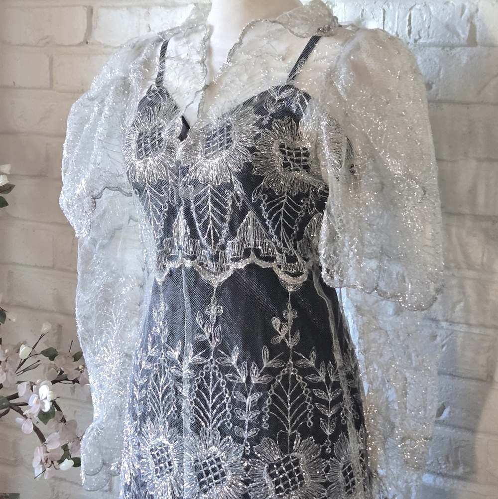 Vtg 1970s Lace Slip Dress & Overlay, Metallic Thread, Party/Formal XS/2